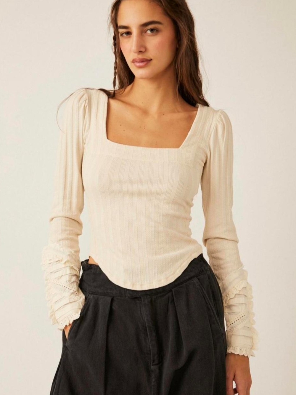Pilcro Cream Ribbed Square-Neck Long Sleeve Top